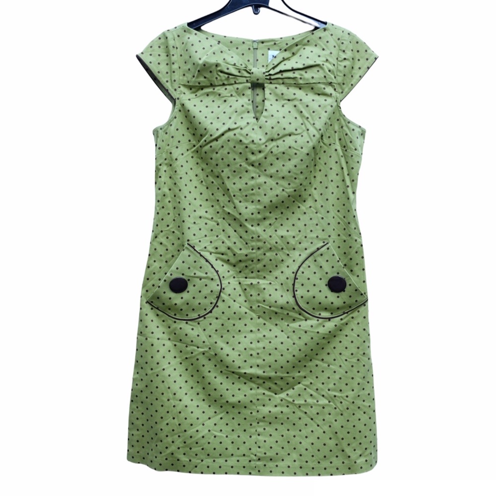 Sunhee Dress True VTG Green Brown Polka Dot Cap Sleeve Cute Knee Length EUC 8